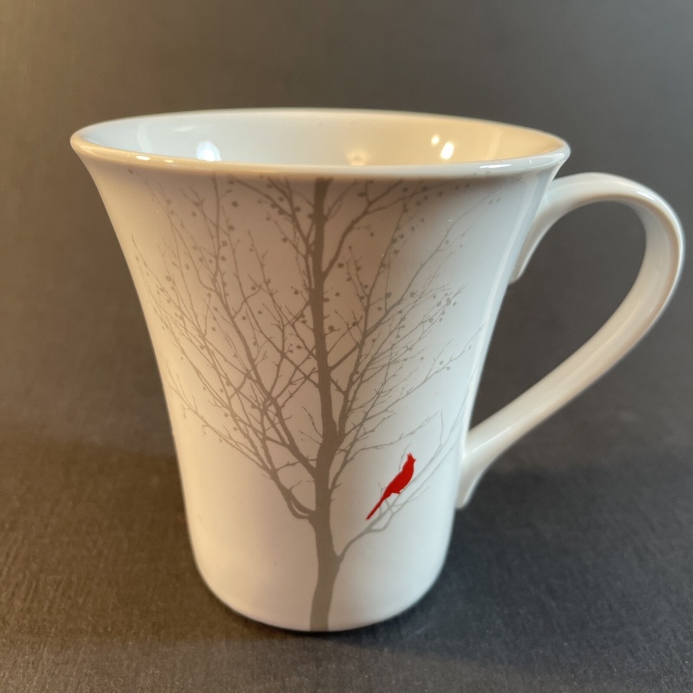 222 Fifth Winter Cardinal Mug 8 oz White Porcelain Silver Trees Red Cardinal HTF